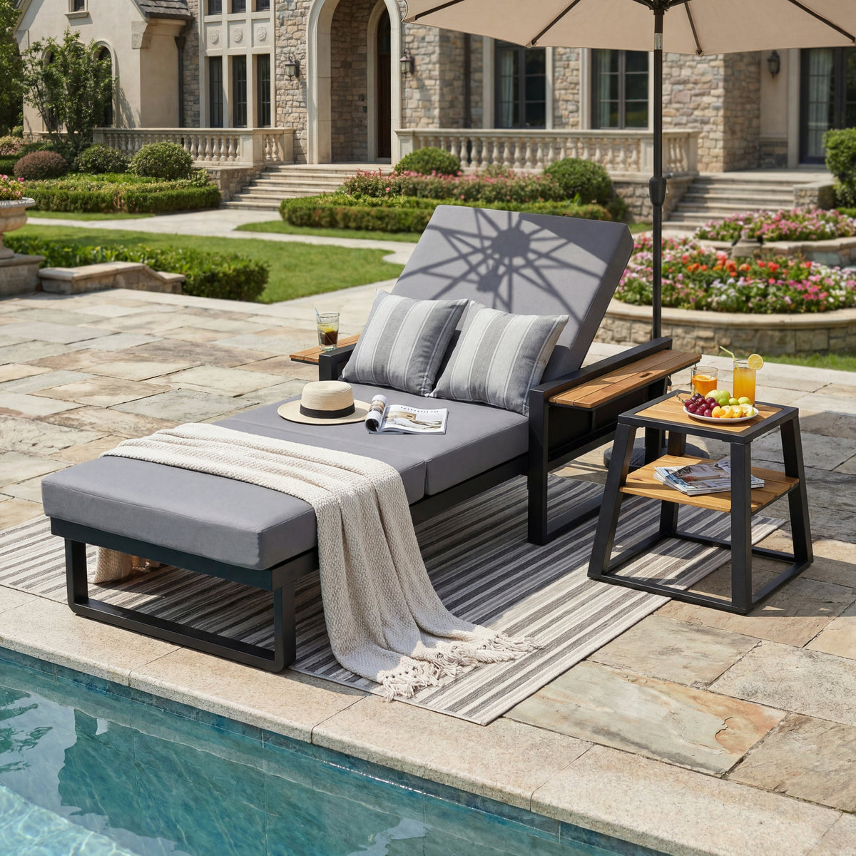Black Iron & Teak Finish Chaise Lounge Set: 1 Frame + 1 3-Fold Dark Grey Cushion, 400 lbs Capacity, 4-Position Adjustable Backrest, 4" Thick Water-Resistant Cushion for Patio Poolside Backyard