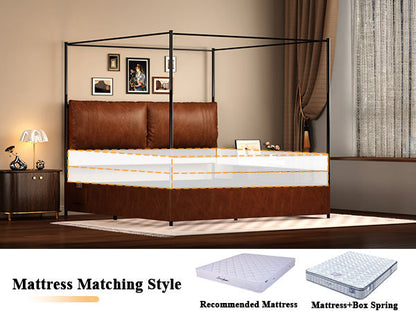 Queen Canopy Bed Frame,  Faux Leather Upholstered Bed with Metal Frame, Four Poster Platform Bed, No Box Spring Needed, Rustic Brown