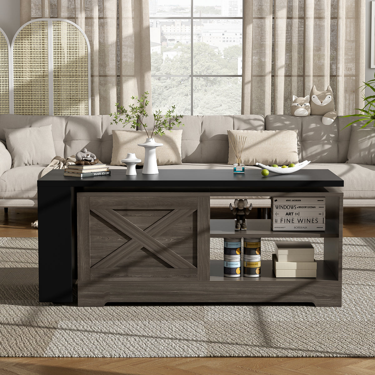 U-Can Farmhouse  Lift Top Coffee Table With Barn Doors, Wood Rectangle Center Table With Large Hidden Storage Space And Open Cabinet, For Living Room, Bedroom, Home Office