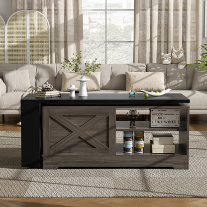 U-Can Farmhouse  Lift Top Coffee Table With Barn Doors, Wood Rectangle Center Table With Large Hidden Storage Space And Open Cabinet, For Living Room, Bedroom, Home Office