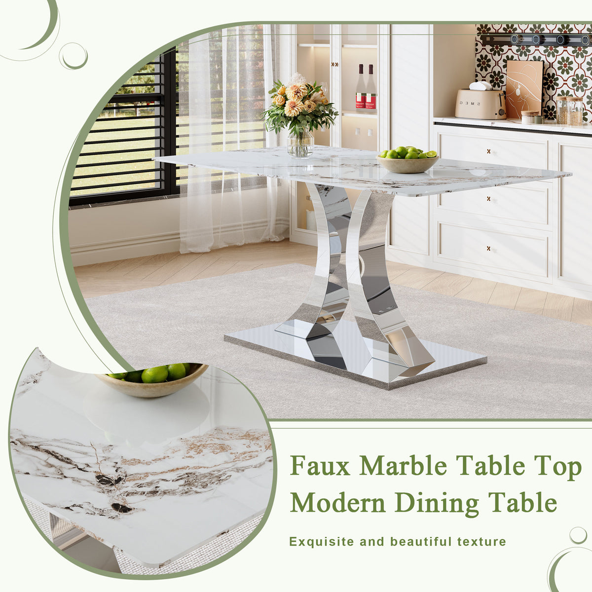 Transformable Heavy-Duty Stainless Steel Base in Silver 63" x 35" Dining Table  Luxury Pandora White Pattern Tempered Glass Rock Top for Kitchen Dining Room