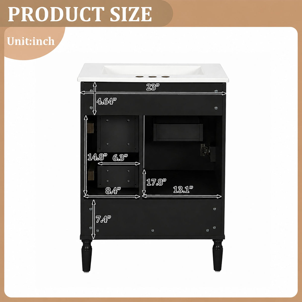 24' Modern Bathroom Vanity with Ceramic Sink, Soft-Close Door, 3 Drawers, Gold Handles, and Door-Mounted Rack for Space-Saving Storage(Old SKU:N729P373272B)