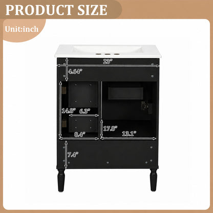 24' Modern Bathroom Vanity with Ceramic Sink, Soft-Close Door, 3 Drawers, Gold Handles, and Door-Mounted Rack for Space-Saving Storage(Old SKU:N729P373272B)