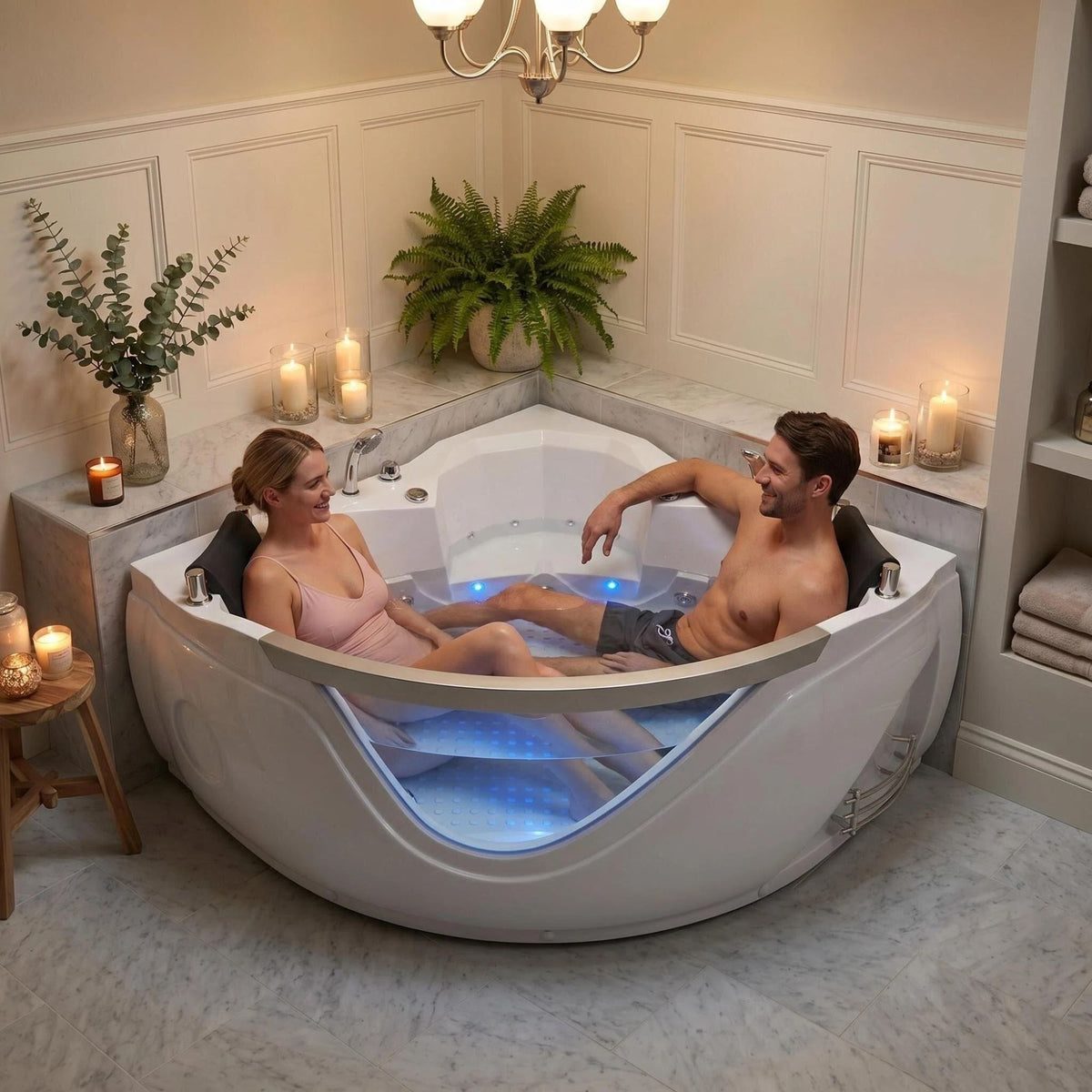 59" light luxury double corner whirlpool bathtub, 20 sets of multi-directional massage nozzles, chromotherapy healing atmosphere, brand-level certified accessories