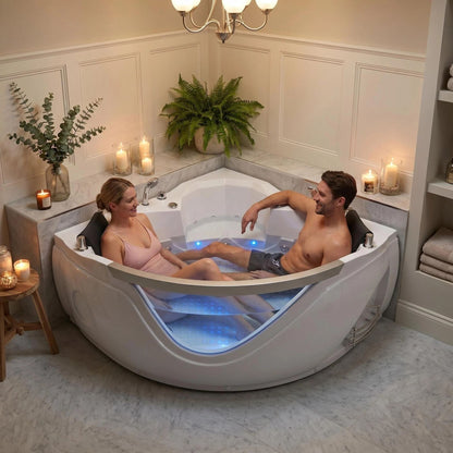 59" light luxury double corner whirlpool bathtub, 20 sets of multi-directional massage nozzles, chromotherapy healing atmosphere, brand-level certified accessories