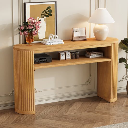 TREXM Rustic Console Table with Fluted Legs - Farmhouse Entryway Sofa Table, Vintage Oval Hallway Accent Table with Ash Veneer Top and Glaze Finish, Open Shelf, 3 Distressed Color Options (Natural)