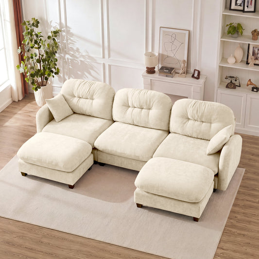 Modular Sectional U Shaped Couch With Ottoman, Premium Chenille Fabric, With 2 Throw Pillows, High-Density Foam Quilted Pleated Design – Beige