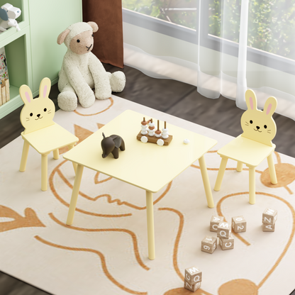 Kids Table and Chair Set with 2 Bunny Chairs, Children's Wooden Activity Table for Toddlers, Cute Animal Design Study Play Set