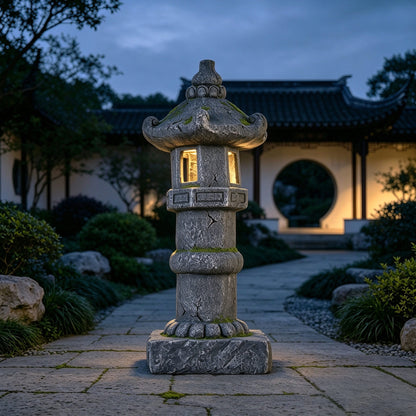 Magnesium Oxide Solar Pagoda Garden Statue with Warm LED Light, Oriental Stone Tower Lantern Outdoor Yard Patio Decor Ornament, Ideal Gift, 27.56'