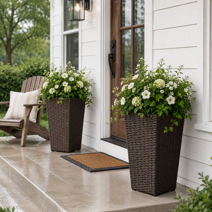 SOLHOME 19.7" Tall Poly Rattan Planter, Brown Tapered Plant Pot with Steel Frame – Indoor Outdoor Decorative Planter with PP Insert, Set of 2 Planters