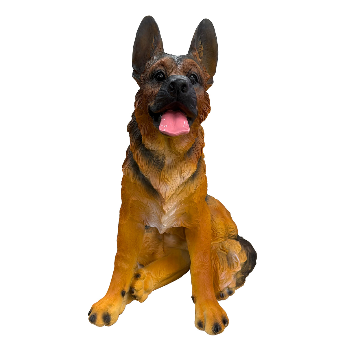 Realistic German Shepherd resin statue, weather-resistant dog ornament, an outdoor garden sculpture suitable for decorating backyards, lawns, and patios.