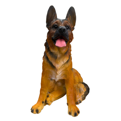 Realistic German Shepherd resin statue, weather-resistant dog ornament, an outdoor garden sculpture suitable for decorating backyards, lawns, and patios.
