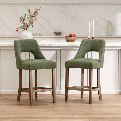 Bar Stools Set of 2, Upholstered Counter Height Bar Stools, Modern Counter Stools with Wood Legs for Kitchen Island Dining Room Bar, Green