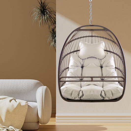 W2707P184371 Khaki Hanging Swing Egg Chair, Indoor Outdoor Anti-Aging Resin Wicker Hammock Chair with Removable Guardrail, Cup Holder, UV Resistant Thick Cushion, Foldable Lounge Chair, 350lbs Capacit