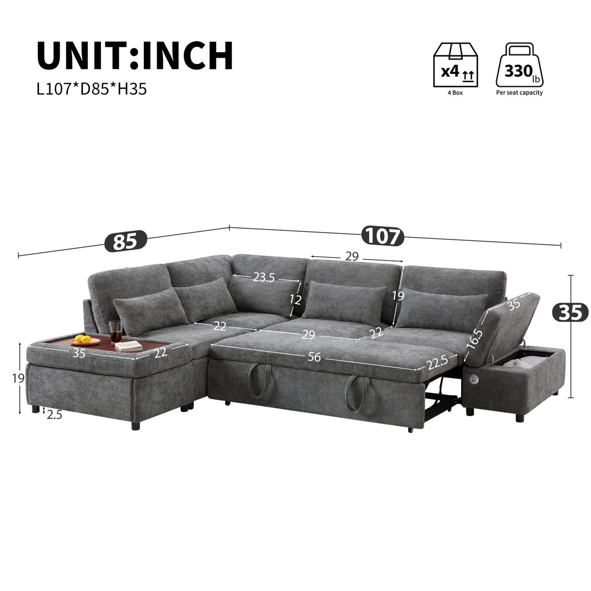 [VIDEO]107'' Sectional Sleeper Sofa Bed with Pull Out Couch, L-shaped with Adjustable Armrest, USB&Type-C Charging