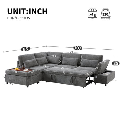 [VIDEO]107'' Sectional Sleeper Sofa Bed with Pull Out Couch, L-shaped with Adjustable Armrest, USB&Type-C Charging