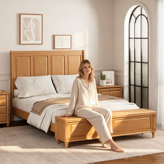 Queen Bed Frame with Tall Headboard and Storage Bench,Soild Wood Sleigh Bed with 64" Storage Chest,No Box Spring Needed, Natural