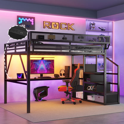 Queen Loft Bed with Desk and Charging Station, Queen Size Metal Loft Bed with Stairs and Light for Kids Teens, Black(OLD SKU W2580S00091)