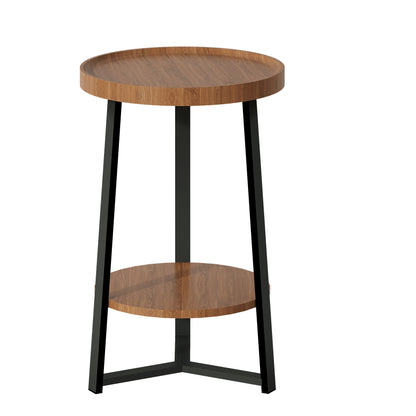 End Table with Storage, 2-Tier Small Round Side Table, Farmhouse Accent Table & Nightstand for Living Room, Bedroom & Small Spaces, Wood Top, Black Metal Frame, Brown
