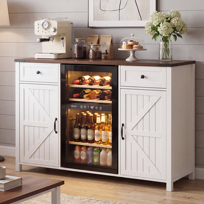 Farmhouse Coffee Bar with Mini Fridge Space & Built-in Charging Station,Large Bar Cabinet with Drawers & Adjustable Shelves for Kitchen, Dining Room, or Living Room, White