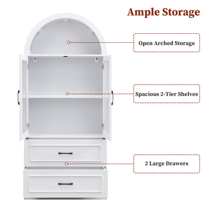 [Video] Modern Minimalist Arched Top Storage Cabinet with Tempered Glass Doors, Fixed 2-Tier Shelves, 2 Large Drawers, Soft Close Hinges & Exquisite Metal Handles, White