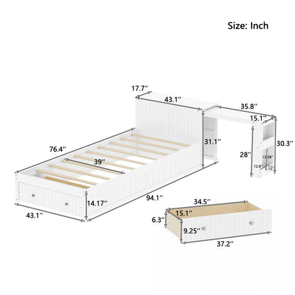 Twin Modern Platform Bed with Integrated Desk and Storage, Wood Bed Frame with wide Headboard, Footboard Drawers & Side Shelves, Multifunctional Space Saving Bedroom Furniture for Teen and Kids, White