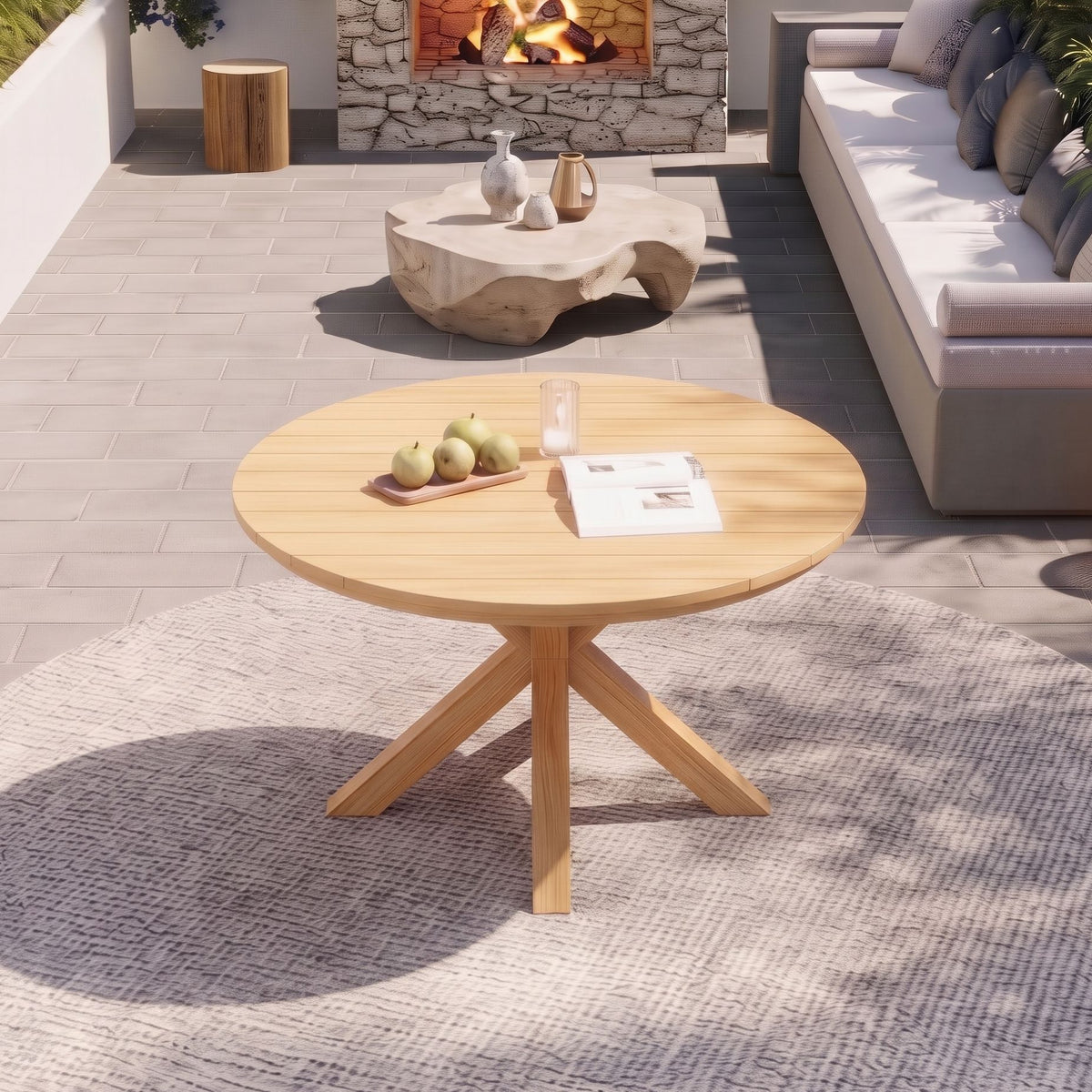44.5 Inch Round Outdoor Dining Table, Premium Acacia Wood Patio Table with X-Shaped Base, Slatted Wooden  Table for Garden, Backyard, Balcony and Indoor Use, Acacia Wood Finish
