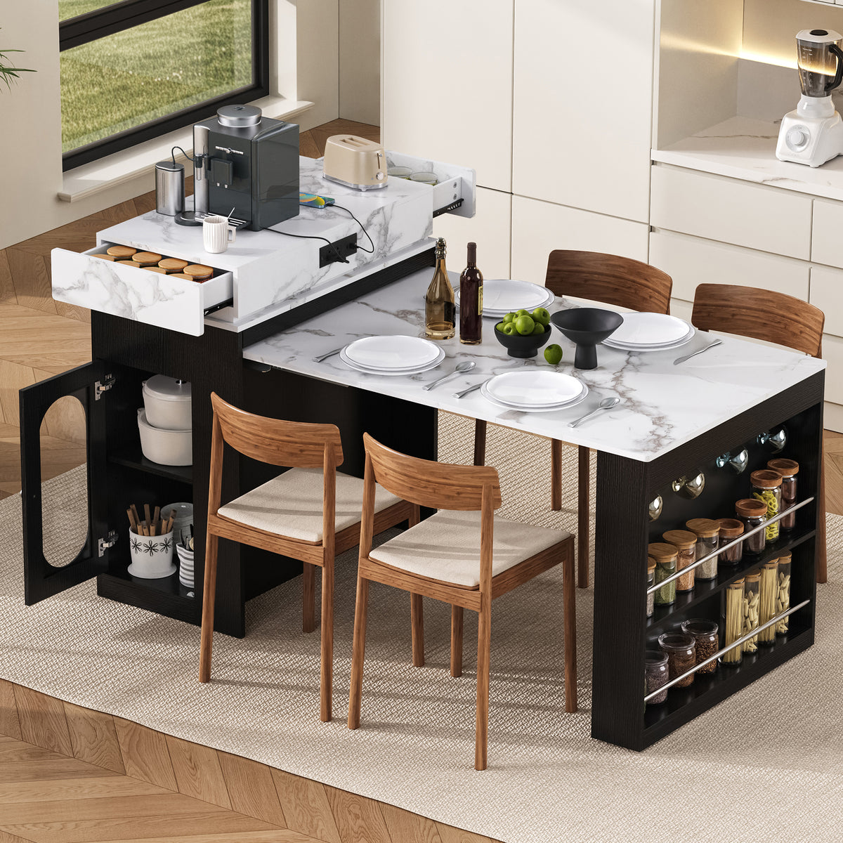 [VIDEO] TREXM Extendable Dining Table with Folding Tabletop, Bar Table with Drawers and Power Outlet, Kitchen Island with Wheels and Hooks, Sideboard for Kitchen and Dining Room (Black+Marble White)