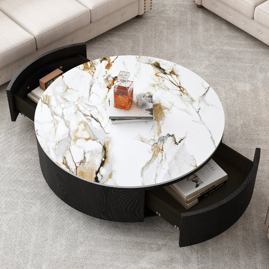 Rustic Round Coffee Table with 2 Drawers and Sintered Stone Top, Modern Living Room Center Table