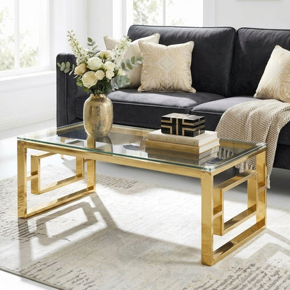 Rectangular Gold Coffee Table, Modern Tempered Glass Top Coffee Table with Geometric Gold Metal Frame, Luxury Accent Center Table for Living Room, 47.2'