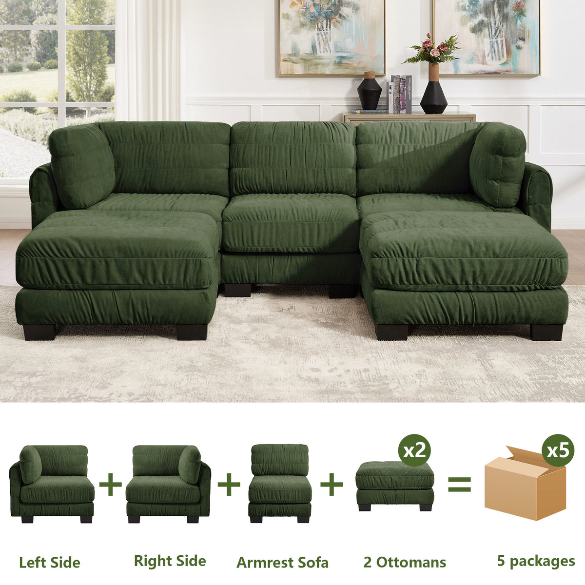 3 Seat Ruched Detailing Chenille Modular Sectional Sofa,Movable 2 Ottomans,High-Density Foam,L Shape Thickened  Back Cushions,Easy Assembly,For Living Room,Bedroom,Green