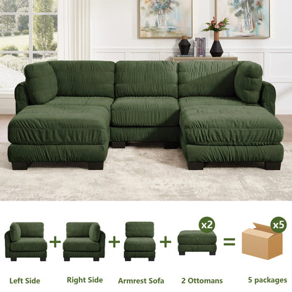 3 Seat Ruched Detailing Chenille Modular Sectional Sofa,Movable 2 Ottomans,High-Density Foam,L Shape Thickened  Back Cushions,Easy Assembly,For Living Room,Bedroom,Green