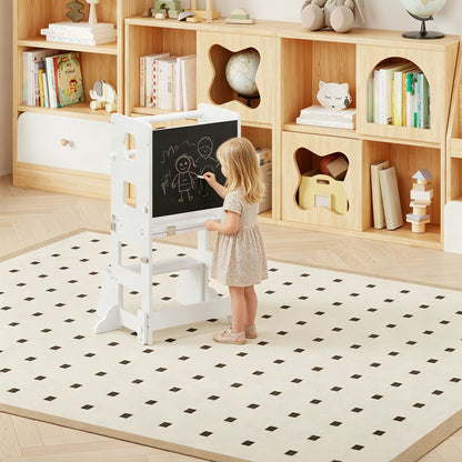 4-in-1 Toddler Kitchen Step Stool,Foldable Learning Standing Tower with Blackboard, Wooden Kitchen Stool Helper for Kids, 1-3 Year Old Boy Girl Gifts(White)