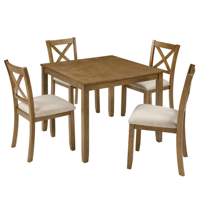 Elegant 5-Piece Oak Dining Table Set for 4 – Modern Wooden Kitchen & Dining Room Furniture with 4 Upholstered Chairs – Space-Saving Square Dining Set for Small Spaces, Living Room & Apartment