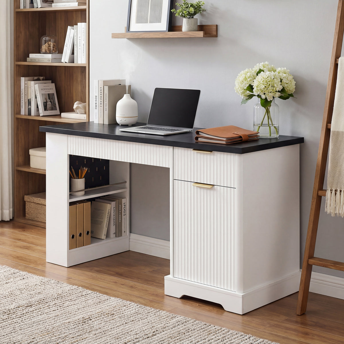 55" Modern Fluted Office Desk with Storage Cabinet & Drawers, Computer Writing Desk with Power Outlet, Pegboard