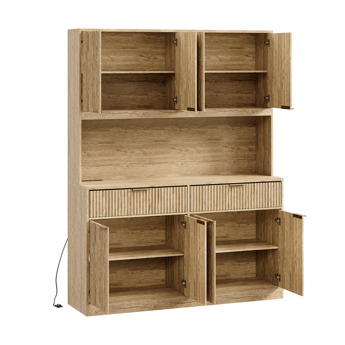 71" Tall Kitchen Pantry Cabinet with Power Outlet, Hollow Open Countertop, Modern Multi-Functional Storage Hutch Cabinet for Dining Room, Entryway and Living Room,Natural