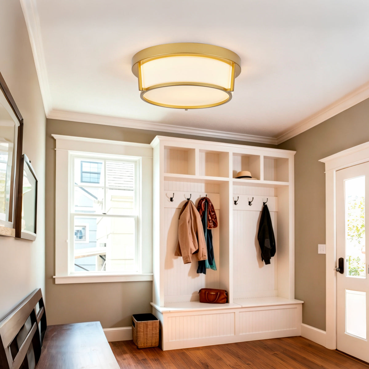 13.58" Flush Mount LED Ceiling Light, Brushed Gold Metal Frame with Glass Shade, No Remote Control