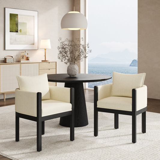Linen Upholstered Armchair with Black Rubber Wood Legs in White (Set of 2)