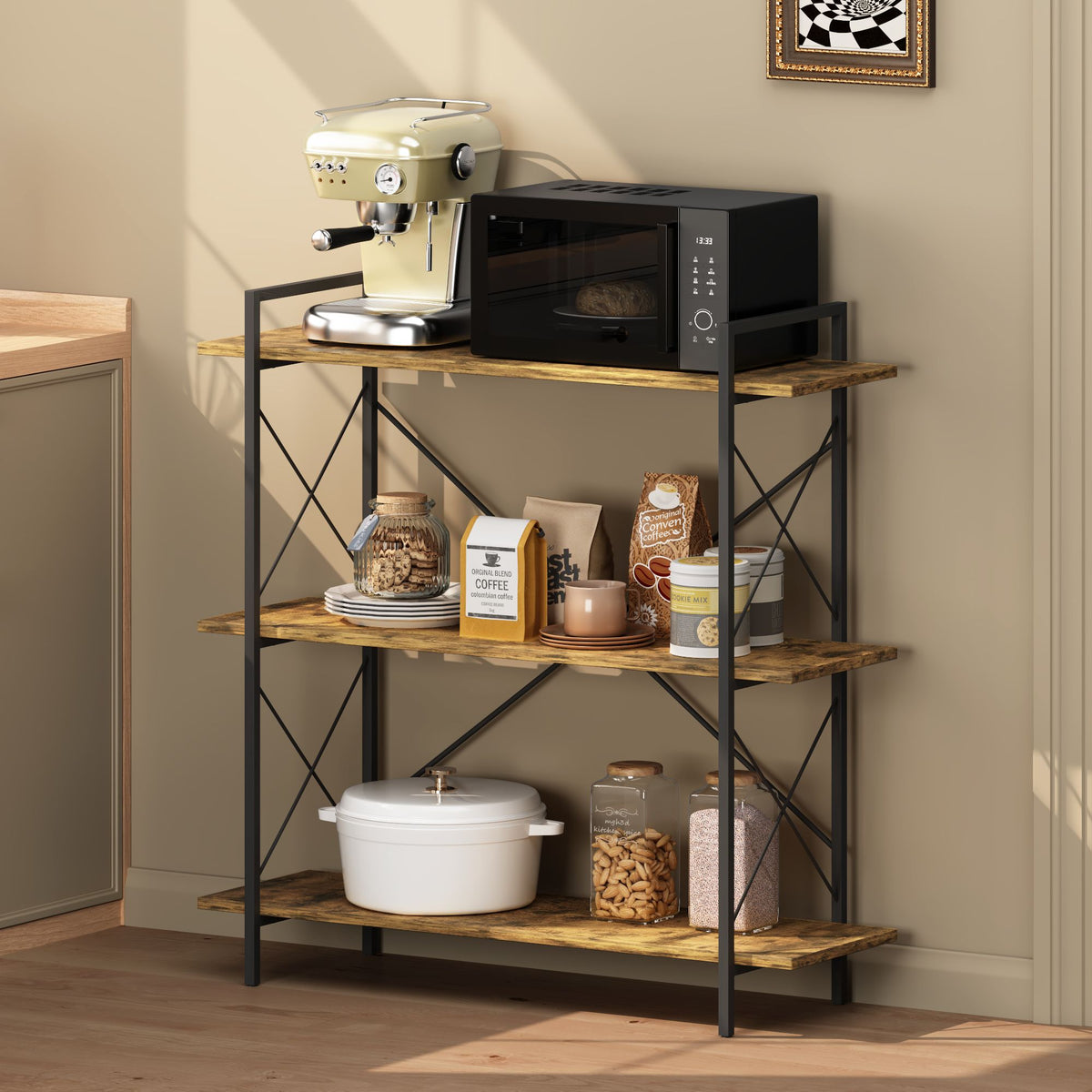 3-Tier Bookshelf, Horizontal Bookcase with Open Storage Shelves, Rustic Industrial Plant Stand, Wood & Metal Shelf for Living Room, Bedroom & Home Office (Rustic Brown)