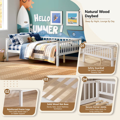 Full Size Daybed, 3-Sided Vertical Slat Guardrail Bed Frame, Breathable Wooden Slat Support Leisure Bed for Home Bedroom,White