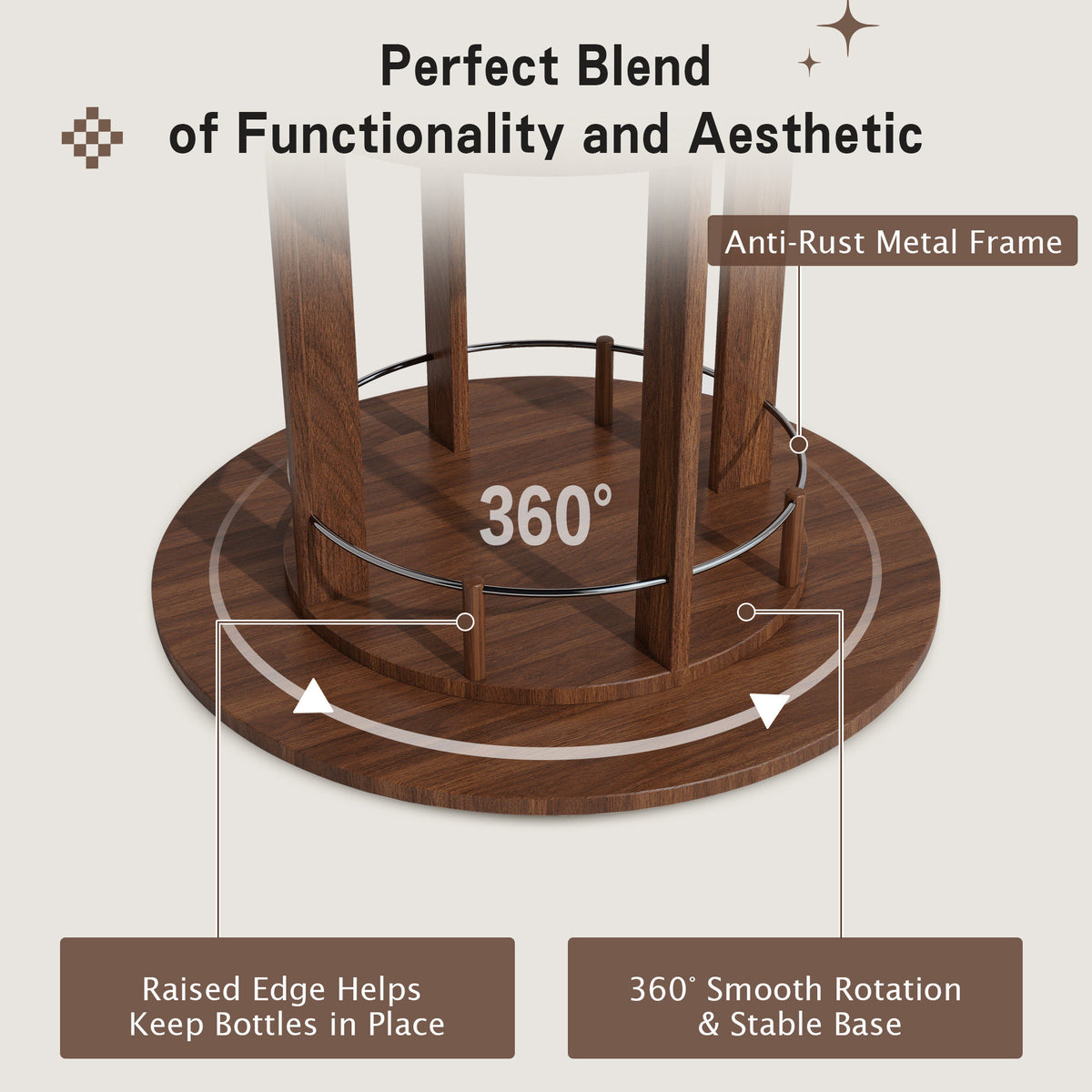 73" Tall Round Wine Rack, Freestanding Wine Bar Cabinet With 360° Rotating Design Wine Glass Rack, 360° Smooth Rotation & Stable Base, 3-Tier Storage Shelf, MDF & Metal, Walnut
