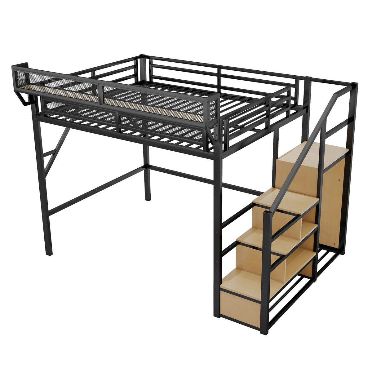 Queen Size Loft Bed with Stairs, Metal Queen Loft Bed with Storage Shelves, High Loft Bed with Wardrobe for Kids Teens Adults, Black(Old SKU W2580S00028 ) Patent Products