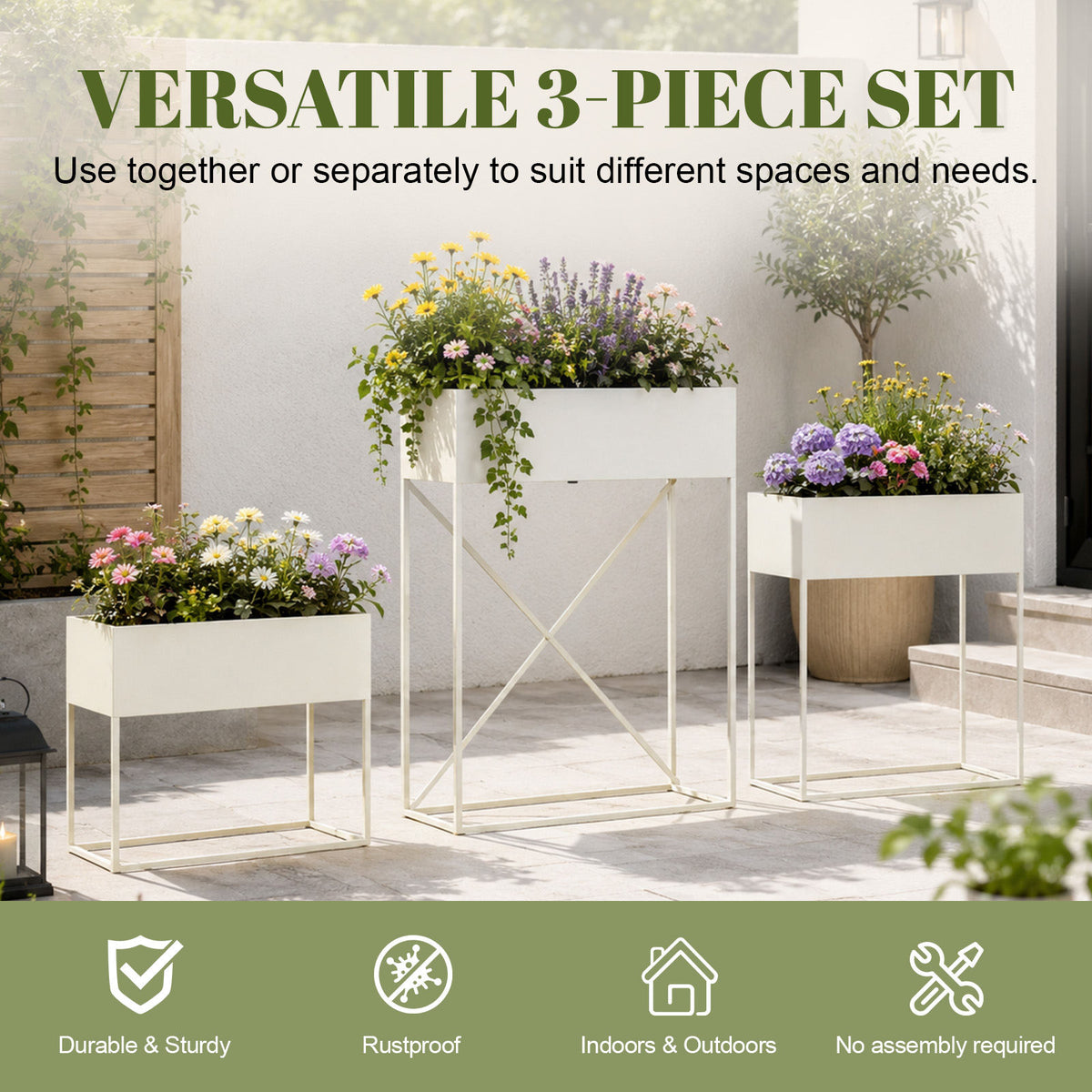 3‑Pack Pre‑Assembled Beige Metal Elevated Planter Stand with Non‑Woven Liner, UV‑Resistant Rectangular Raised Herb Flower Planter Box for Patio Balcony Indoor Outdoor