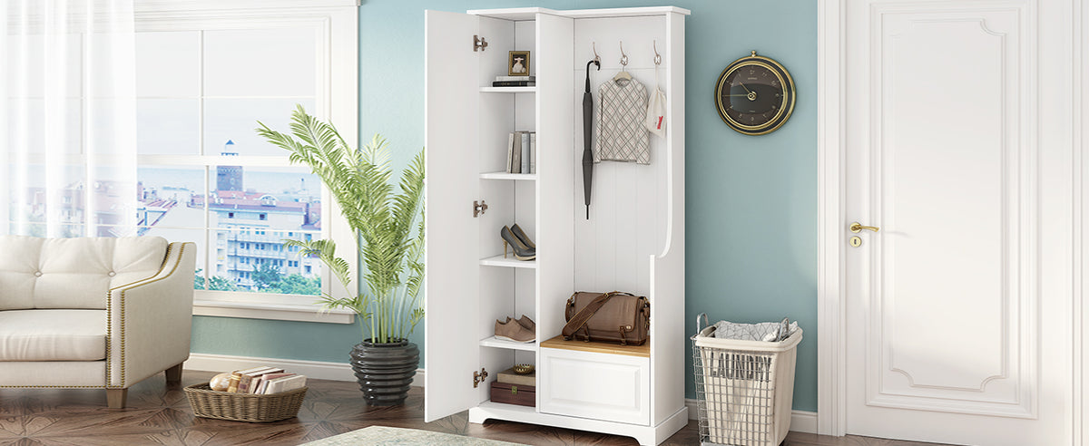 Stylish Design Hall Tree with Flip-Up Bench, Minimalist Hallway Shoe Cabinet with Adjustable Shelves, Multifunctional Furniture with Hanging Hooks for Entryways, Mudroom, White (OLD SKU: WF304223AAK)
