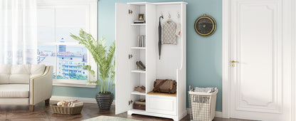 Stylish Design Hall Tree with Flip-Up Bench, Minimalist Hallway Shoe Cabinet with Adjustable Shelves, Multifunctional Furniture with Hanging Hooks for Entryways, Mudroom, White (OLD SKU: WF304223AAK)