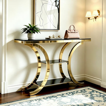 63.00 Inch Mirrored Console Table, Gold & Black Entryway Table, Three-Tier Storage Space, Suitable for Living Rooms, Hallways, and Entryways.