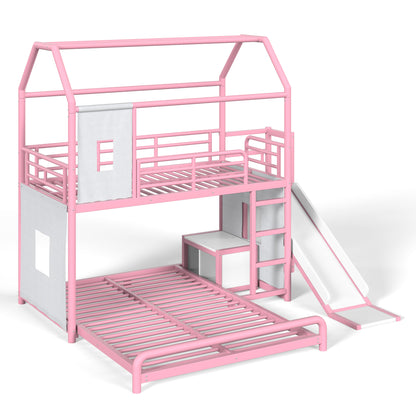 Twin over Full Playhouse Metal Bunk Bed with Slide & Ladder, House Shaped Bunk Bed with LED Light Strip, Privacy Curtain, Movable Storage Cabinet and Hanging Rod, Twin over Full Kids Bunk Bed , Pink
