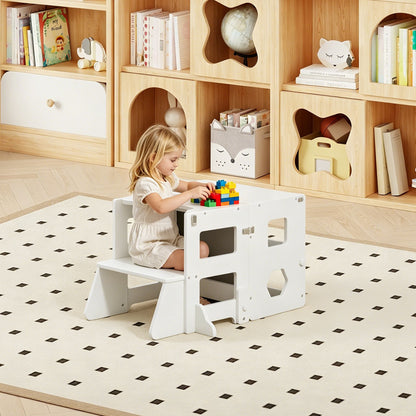 4-in-1 Toddler Kitchen Step Stool,Foldable Learning Standing Tower with Blackboard, Wooden Kitchen Stool Helper for Kids, 1-3 Year Old Boy Girl Gifts(White)