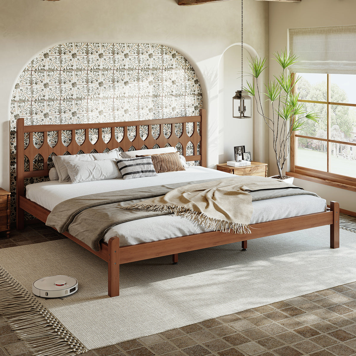 King Size Bamboo Platform Bed with Diamond-shaped headboard, Solid Bamboo-made Bed Frame with Support Slats, for Bedroom, Guest Rooms, Brown