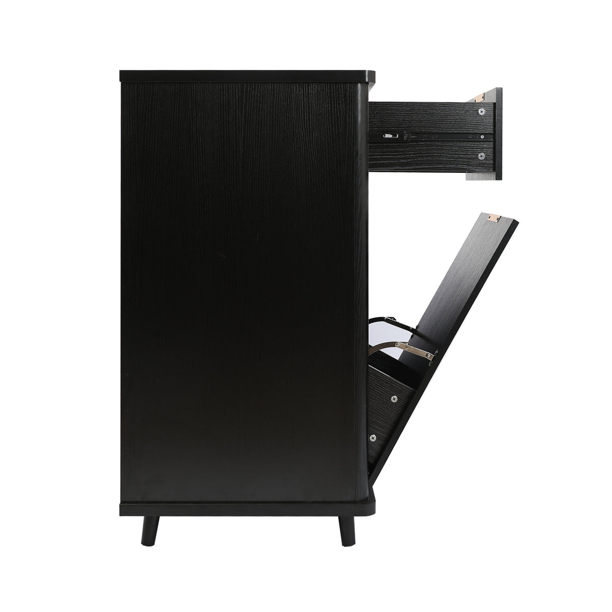 Fluted Coffee Bar Cabinet with Mini Fridge Space & Charging Station, Home Bar Cabinet with Hidden Trash Can Storage & Drawer for Kitchen, Dining Room or Living Room,Black